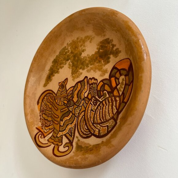 VTG. Signed Tonala Hand Painted Birds Terracotta red clay ceramic pottery plate - Picture 6 of 8